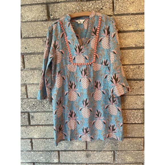 Boden Womens Tunic Top Size 6R Pineapple Print Blue & Pink Bohemian Style Cotton - Picture 2 of 14